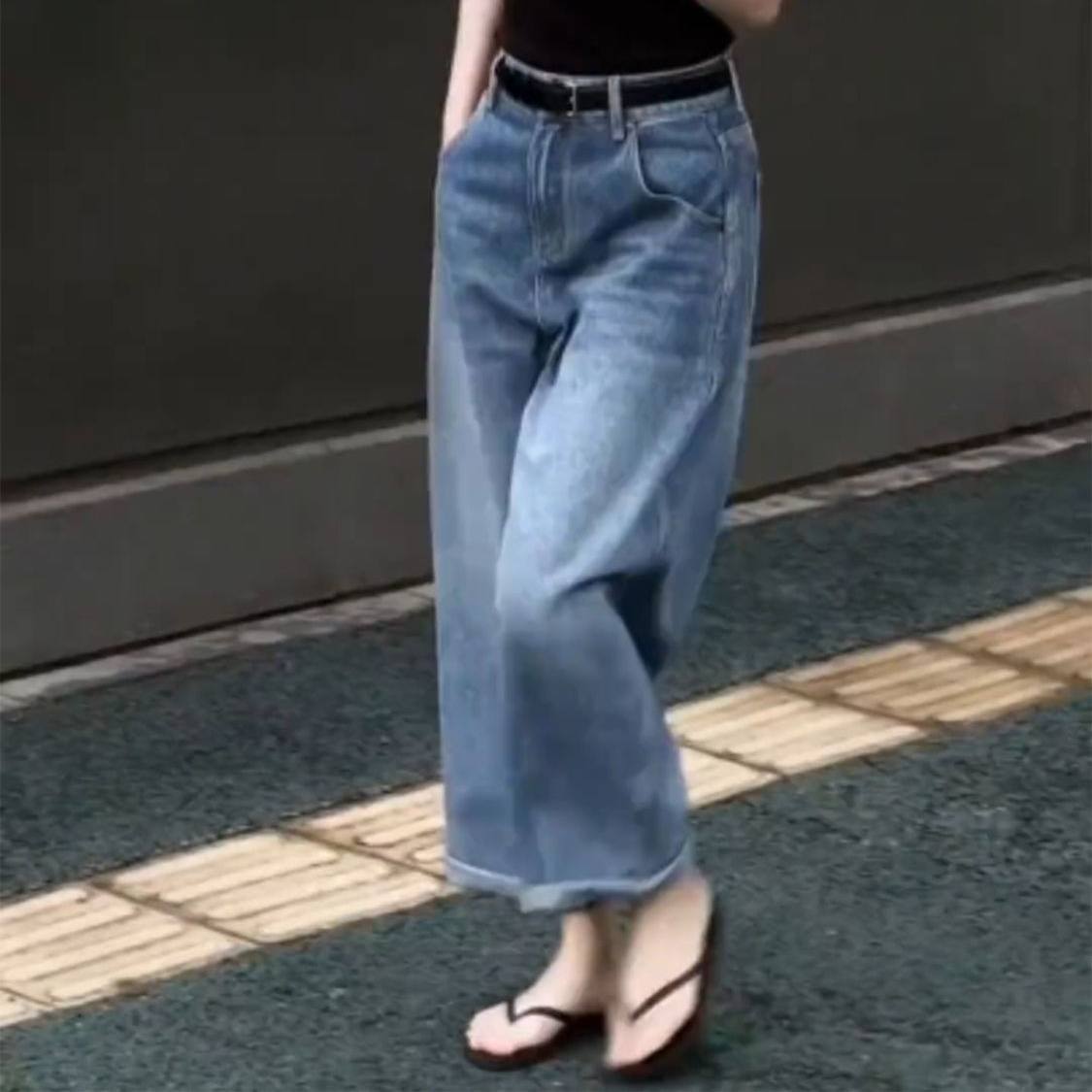 欧货阔腿牛仔裤女2026年春夏新款大码梨形身材高腰显瘦九分奶奶裤