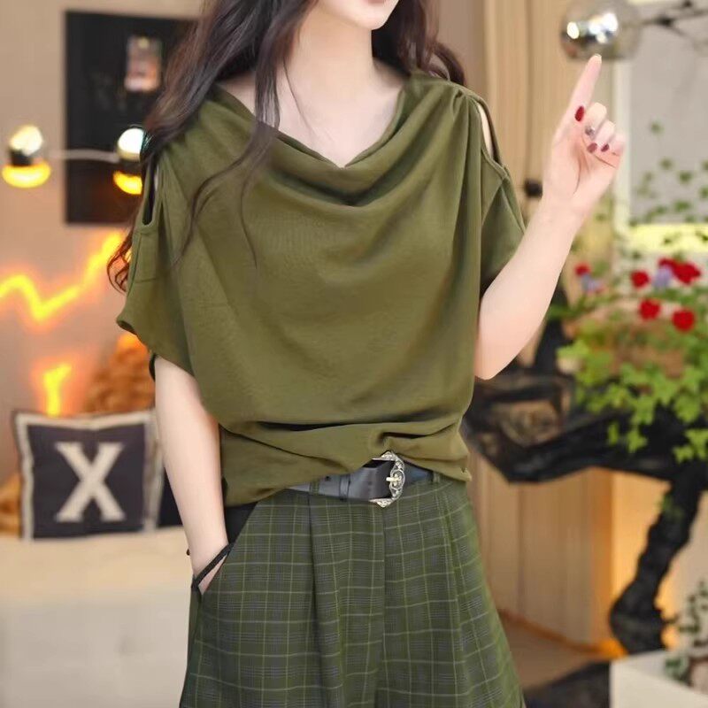 复古绿色荡领露肩短袖t恤女2026夏季大码胖mm洋气时髦高级感上衣