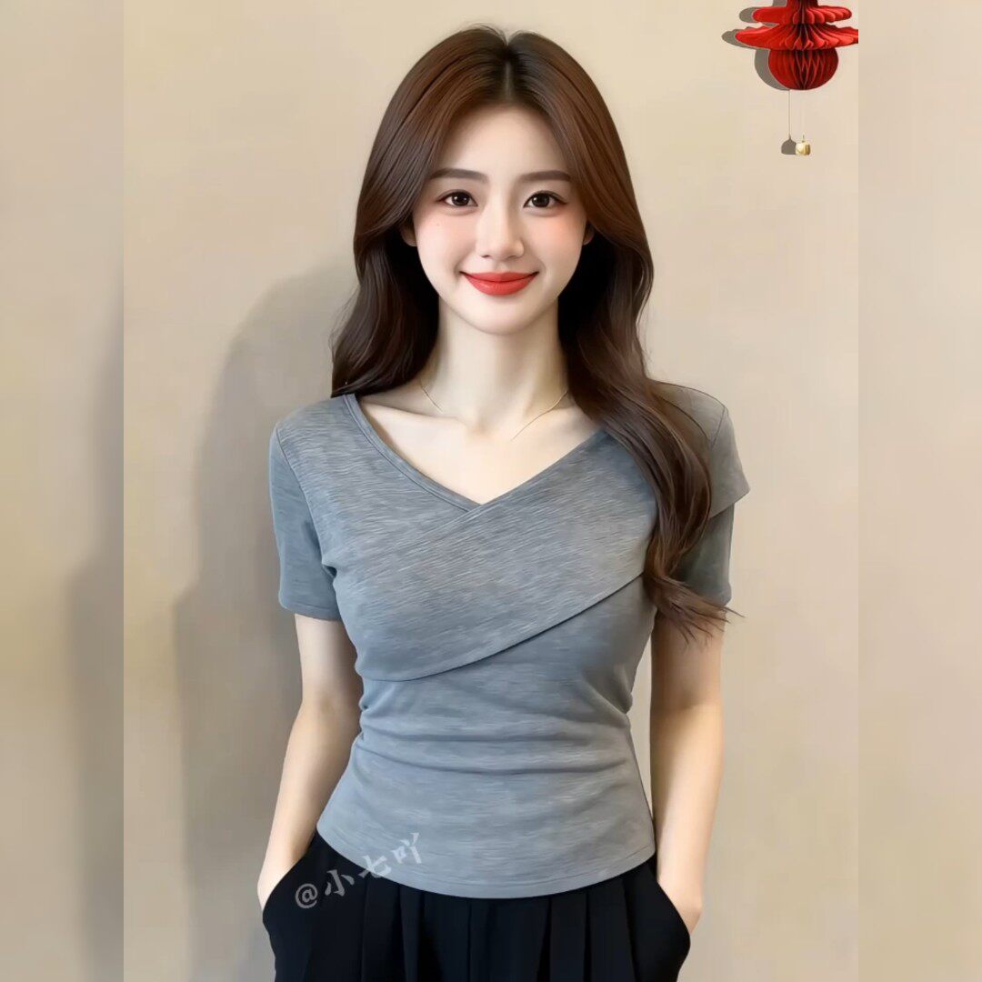灰色交叉V领纯棉短袖T恤女2026夏季大码胖mm掐腰修身超火减龄上衣