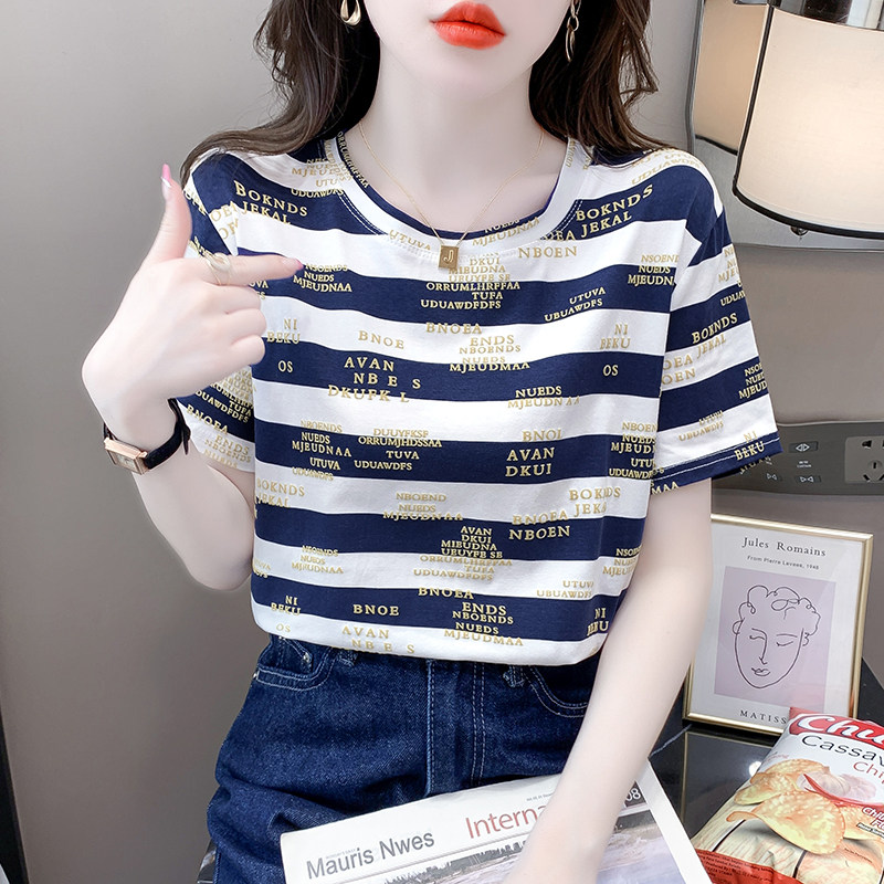 纯棉t恤女半袖设计字母夏季韩版新款条纹短袖体恤衫宽松上衣服装