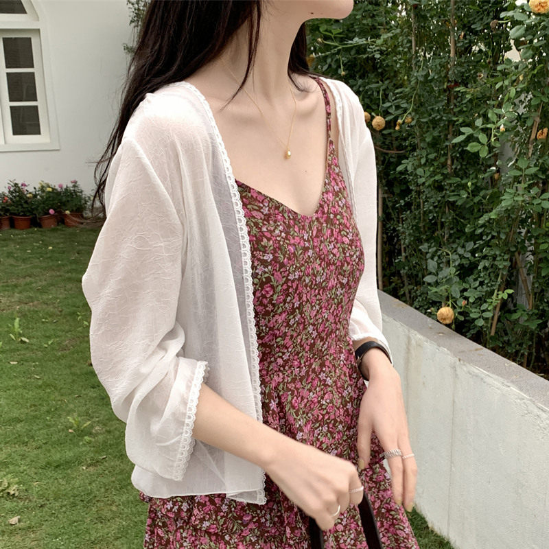 宽松花边雪纺防晒衣女2026夏新款薄沙滩开衫外套小个女上衣短外套