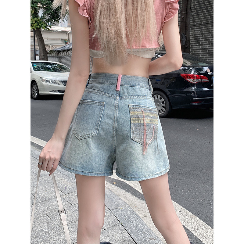 大码牛仔短裤女夏季胖mm设计感小众宽松高腰显瘦a字直筒阔腿裤子