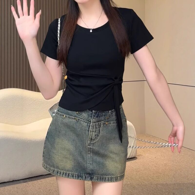 胖MM大码女装遮肚子修身半袖上衣2026新款夏季不规则扭结短袖t恤