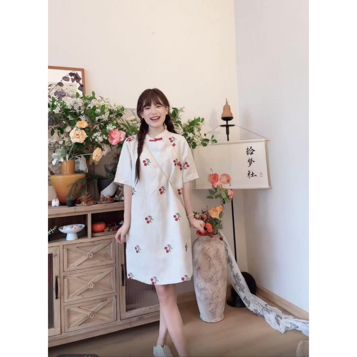 樱桃亚麻裙子国潮新中式连衣裙夏上新