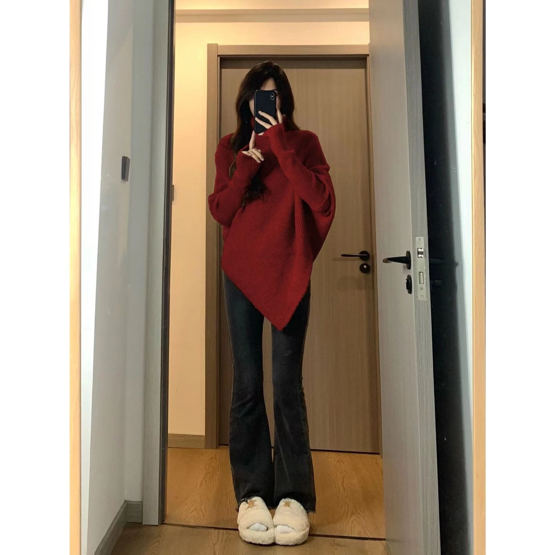 不规则高领毛衣女2026秋冬季韩系过年红色高级感慵懒加厚针织上衣
