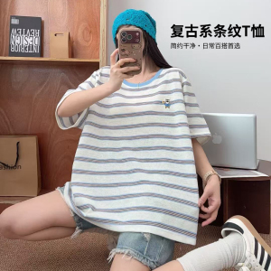 复古条纹T恤女圆领宽松短袖