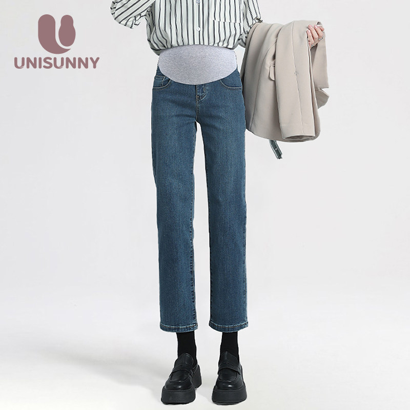unisunny孕妇牛仔裤外穿孕期不勒肚子九分裤秋冬季加绒直筒烟管裤