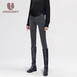 unisunny孕妇牛仔裤秋冬季外穿不勒肚子紧身小脚裤加绒休闲铅笔裤