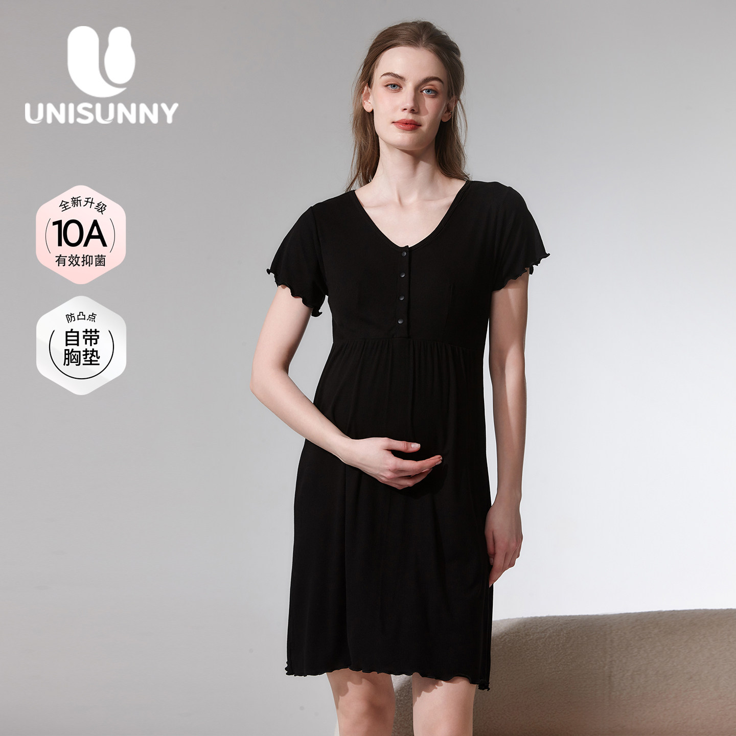 unisunny待产裙夏季薄款自带胸垫孕妇喂奶专用哺乳睡裙秋季家居裙