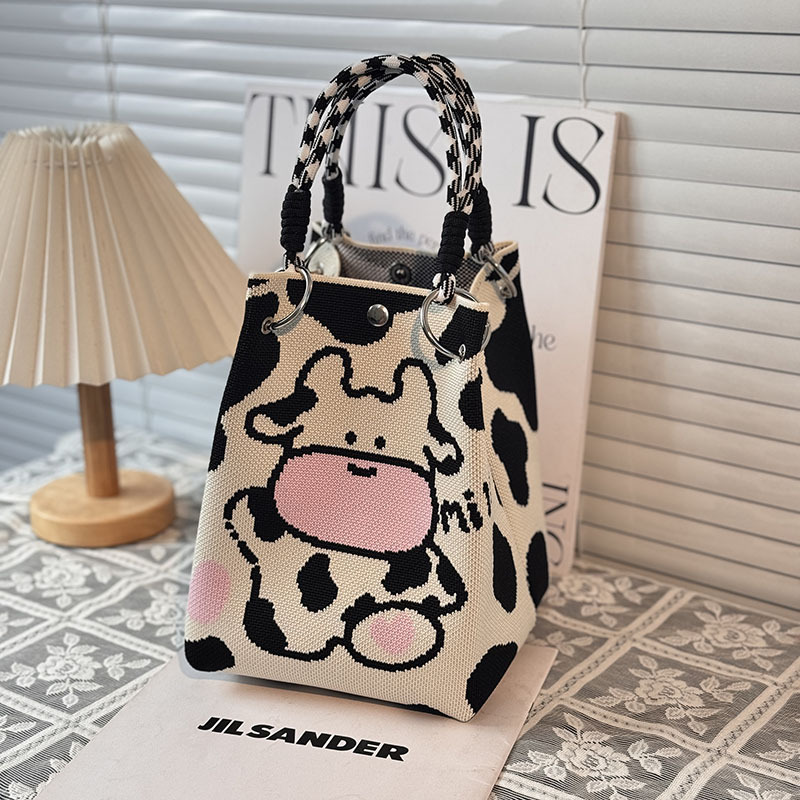 可爱动物卡通针织包大容量水桶包日常手提包百搭涤纶针织便当袋子