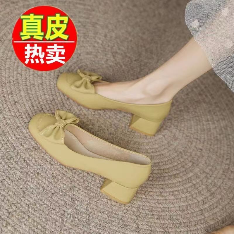中跟单鞋女2024春秋新款粗跟一脚蹬浅口方头蝴蝶结工作上班高跟鞋