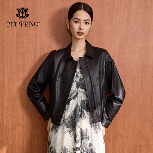 马天奴秋冬女装黑色绵羊皮衣圆领拉链短款外套时尚机车风中性百搭