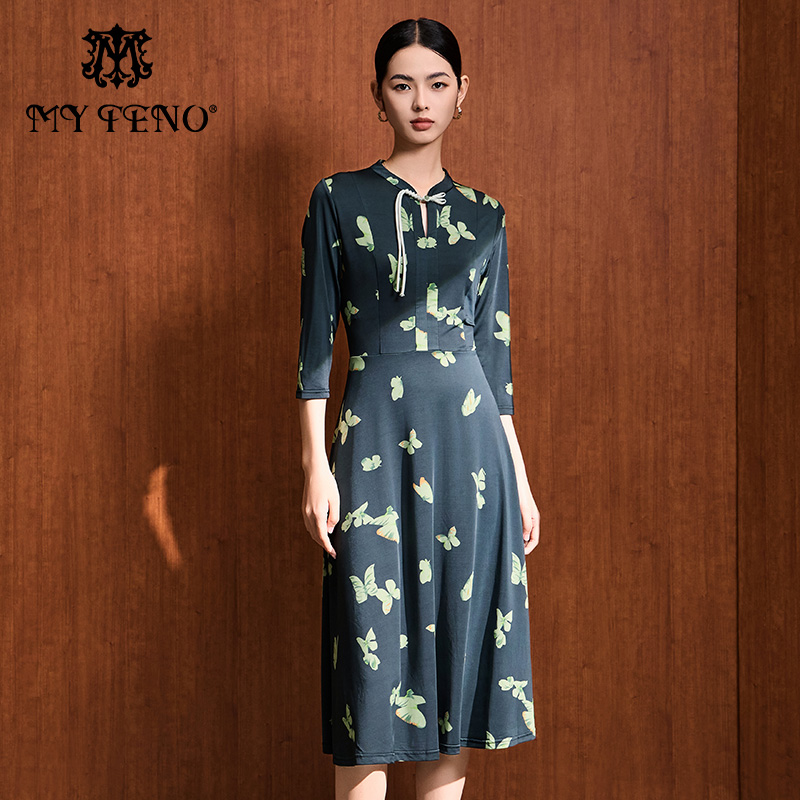 马天奴墨绿色印花新中式连衣裙