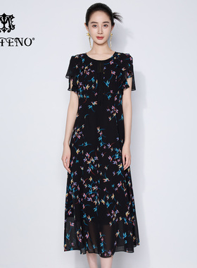 马天奴2025夏季新款黑色印花连衣裙子圆领短袖收腰时尚气质流行女