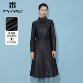 黑色羊皮革翻领单排扣皮衣皮外套风衣收腰时尚 马天奴女装 秋冬新款