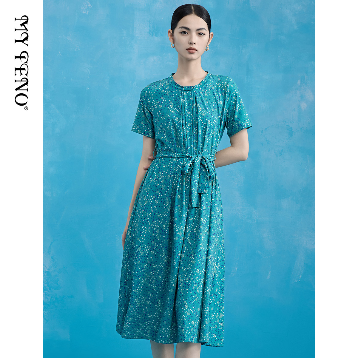 马天奴绿色印花圆领短袖连衣裙