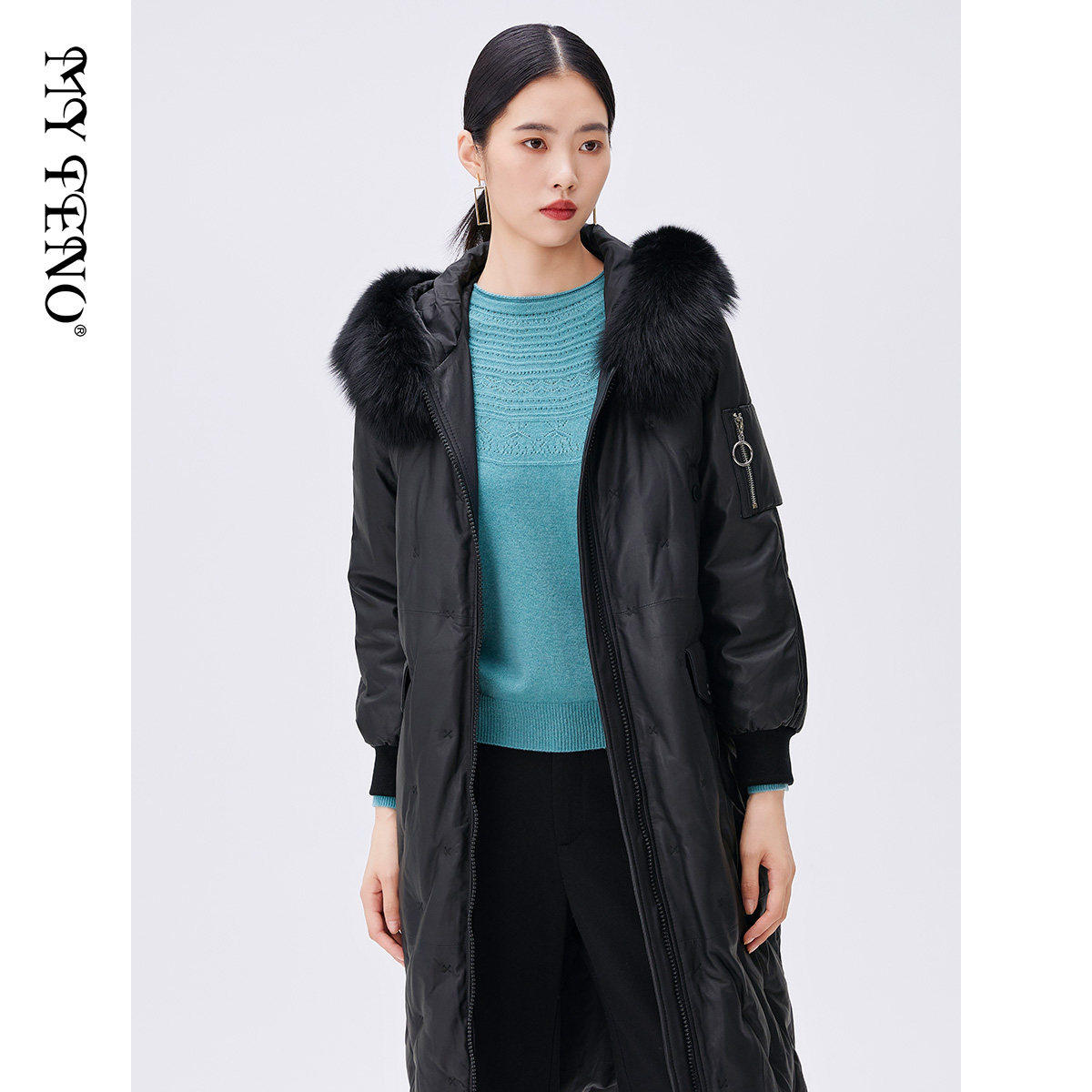 马天奴冬季新款黑色绵羊皮连帽毛领羽绒服宽松保暖中长款时尚外套