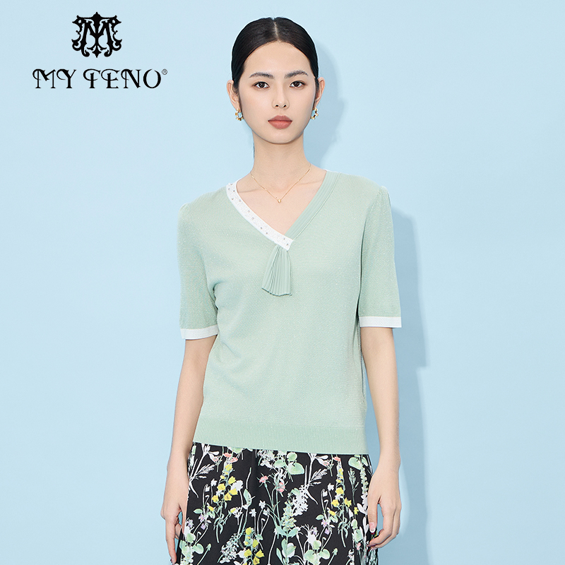 马天奴绿色钉珠拼色短袖针织衫