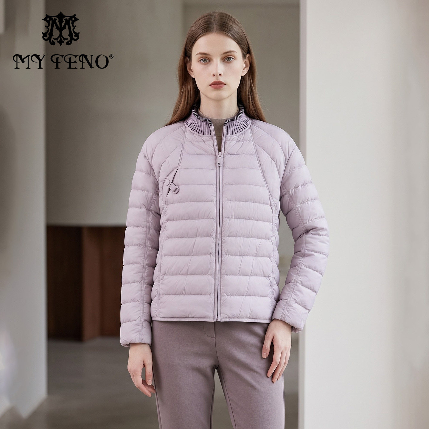 MY TENO/马天奴轻羽绒服女立领拉链短款轻薄紫色外套VEAJ90DCH0