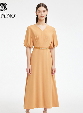 马天奴黄色V领三醋酸收腰连衣裙短袖长裙子秋MRS162DRX0