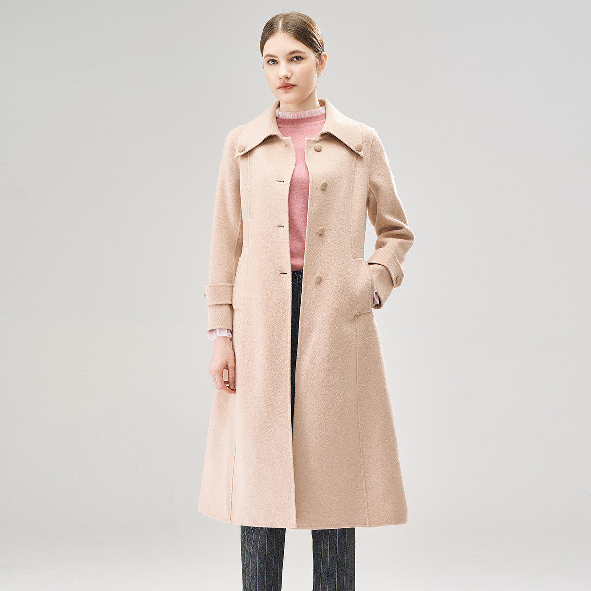 马天奴秋冬新款甘石杏色翻领单排扣长款双面呢大衣外套保暖百搭女,女装/女士精品,毛呢外套,淘宝优惠券,粉丝福利购,淘宝优惠卷