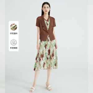 马天奴女装春秋新款时尚套装肌理感印花连衣裙短袖外套长裙裙子