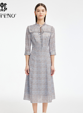 马天奴印花雪纺收腰长款连衣裙流行裙子时尚秋冬MRS119DRX0