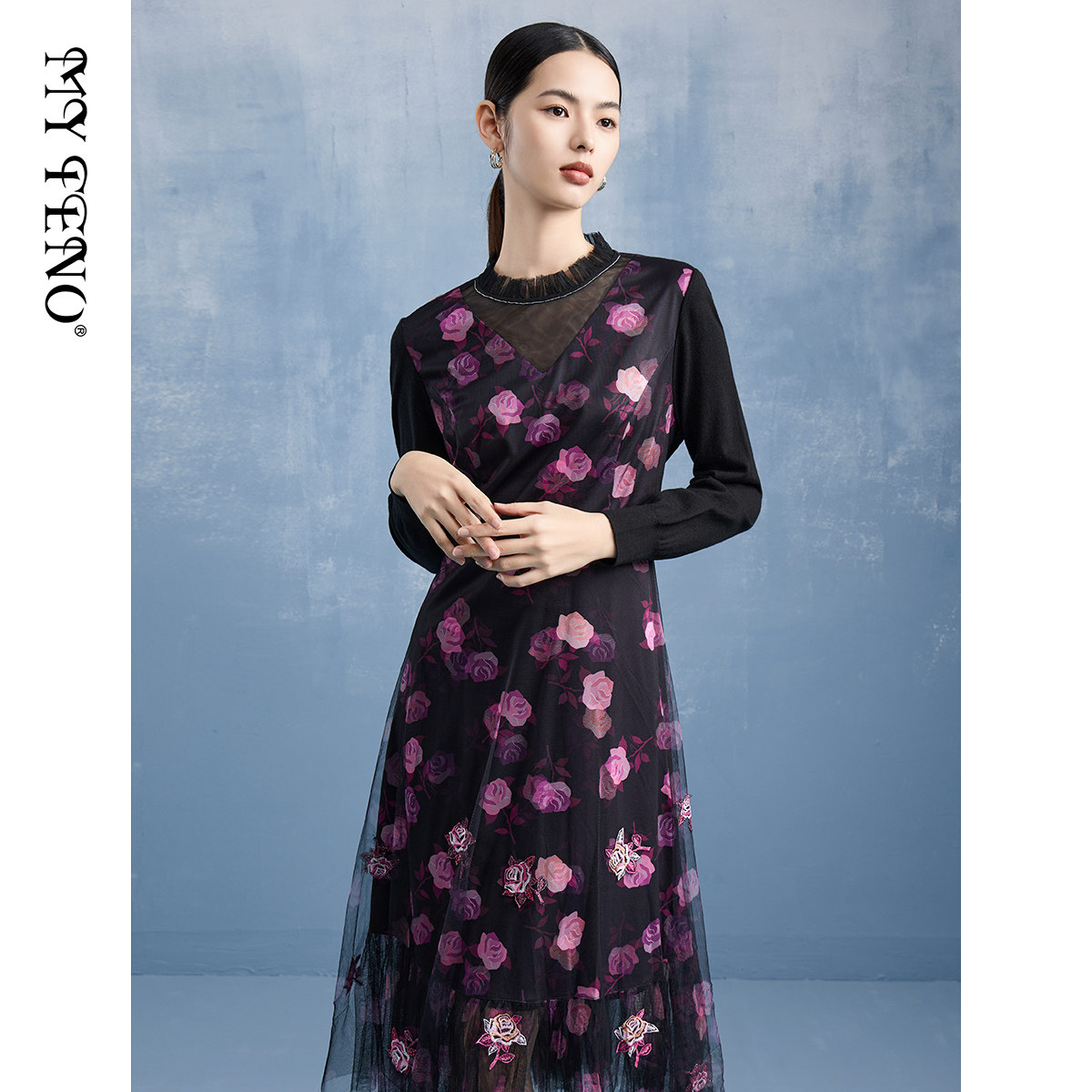 马天奴早春夏新款黑色印花绣花网纱连衣裙子收腰长袖气质时尚百搭,女装/女士精品,连衣裙,淘宝优惠券,粉丝福利购,淘宝优惠卷