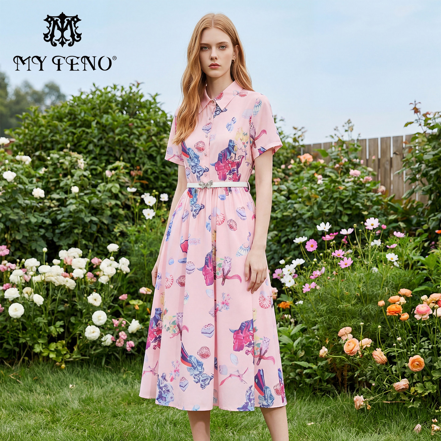 马天奴2025夏季新款粉色印花连衣裙子翻领短袖收腰时尚配腰带气质,女装/女士精品,连衣裙,淘宝优惠券,粉丝福利购,淘宝优惠卷