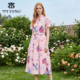 收腰时尚 马天奴女装 粉色印花连衣裙子翻领短袖 新款 配腰带气质 夏季