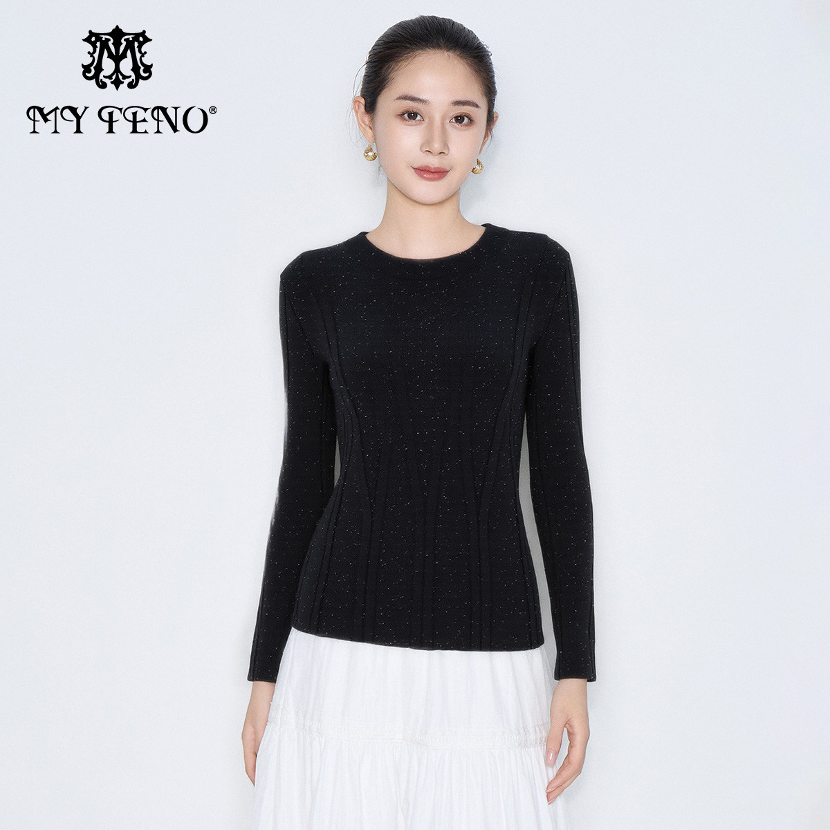 马天奴秋冬新款黑色半高领细闪修身长袖针织衫毛衫气质时尚百搭女