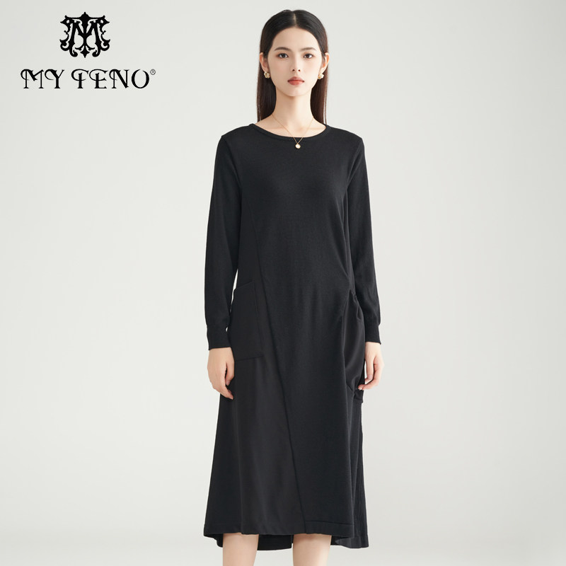 马天奴女装秋冬纯色圆领拼接针织连衣裙宽松松弛感简约长裙子时尚