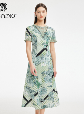 专柜正品马天奴女夏季新款绿色印花连衣裙子气质短袖时尚收腰长裙