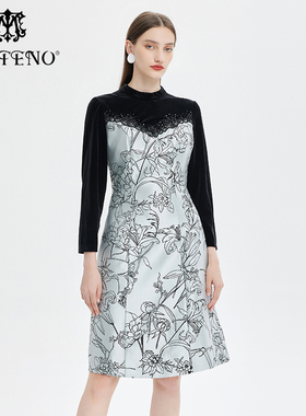 专柜正品马天奴秋冬蓝色印花连衣裙子假两件长裙女MTAT95DRX0