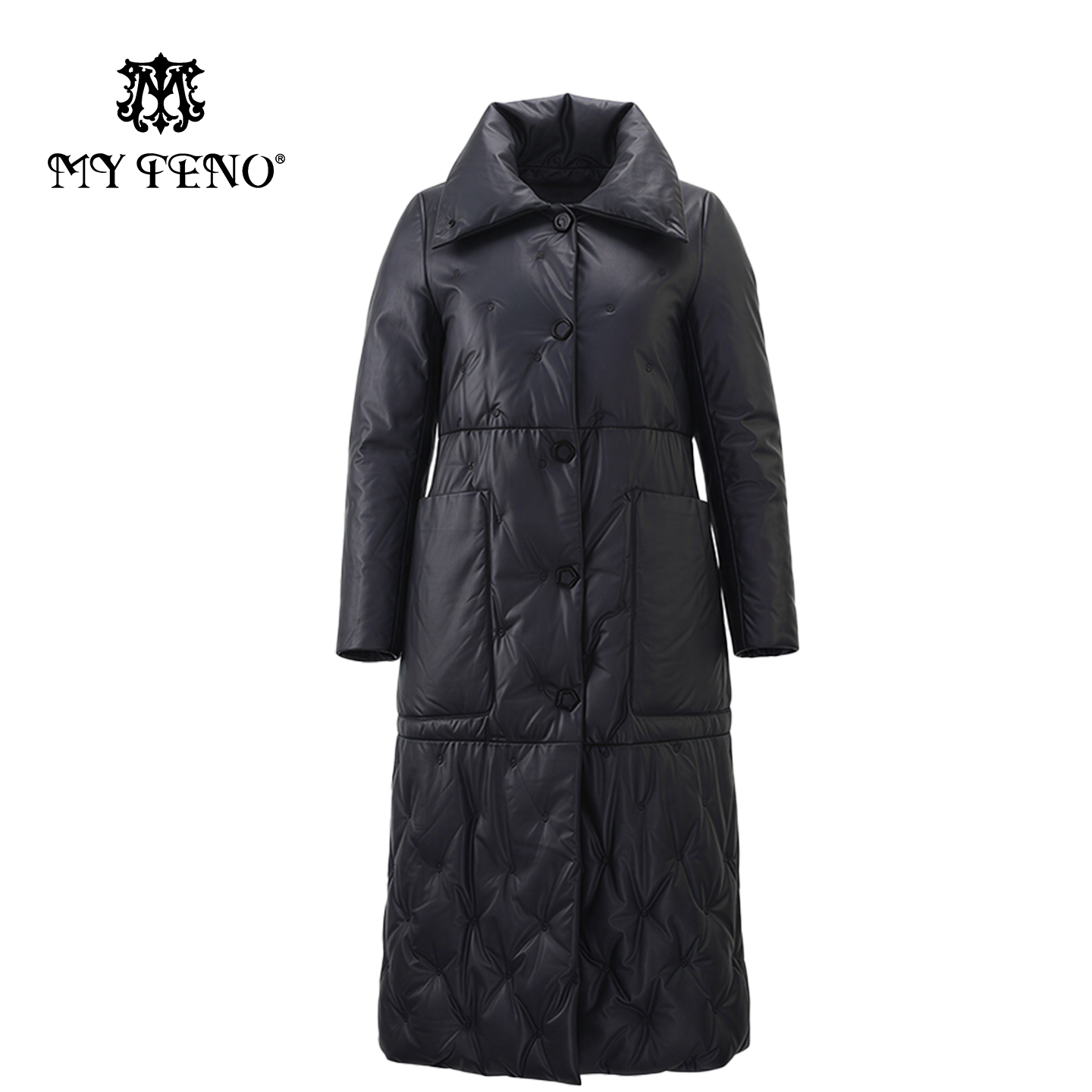 马天奴2025新款黑色立领绵羊皮羽绒服长款保暖廓形外套时尚百搭女