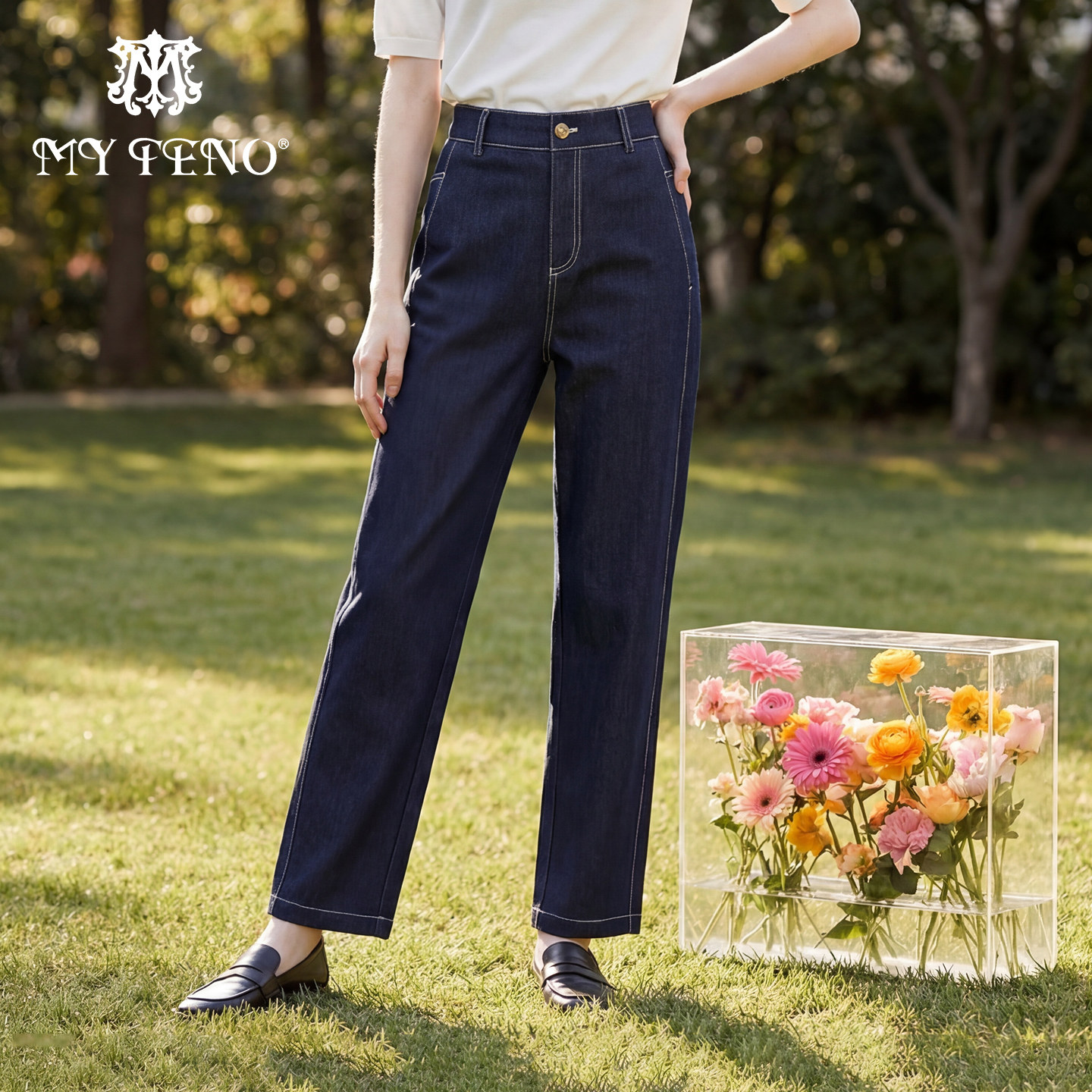 马天奴女装夏季新款宝蓝色直筒宽松牛仔裤子松紧腰时尚百搭简约女