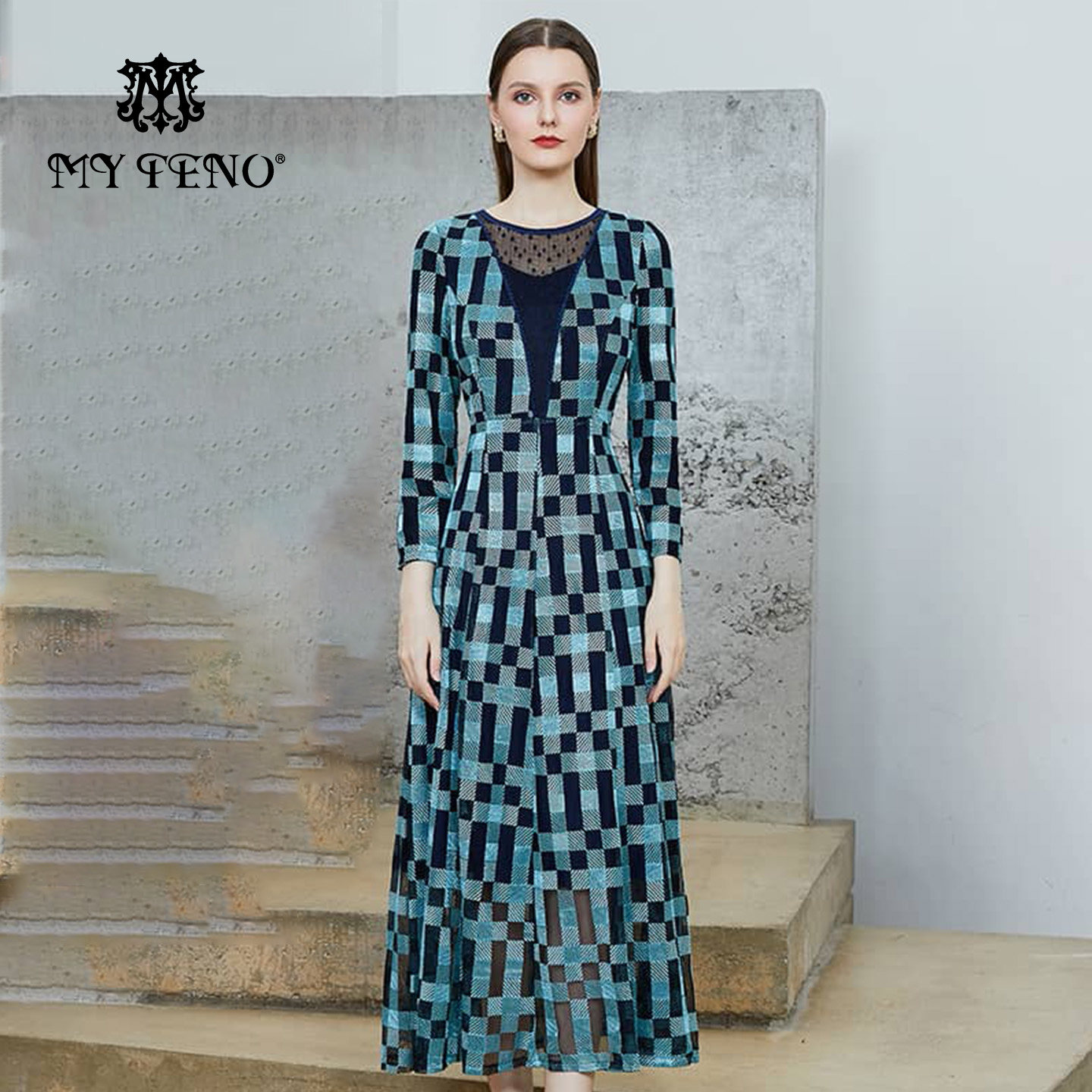 马天奴2025秋冬新款绿色格纹拼接收腰长袖连衣裙子长裙气质女