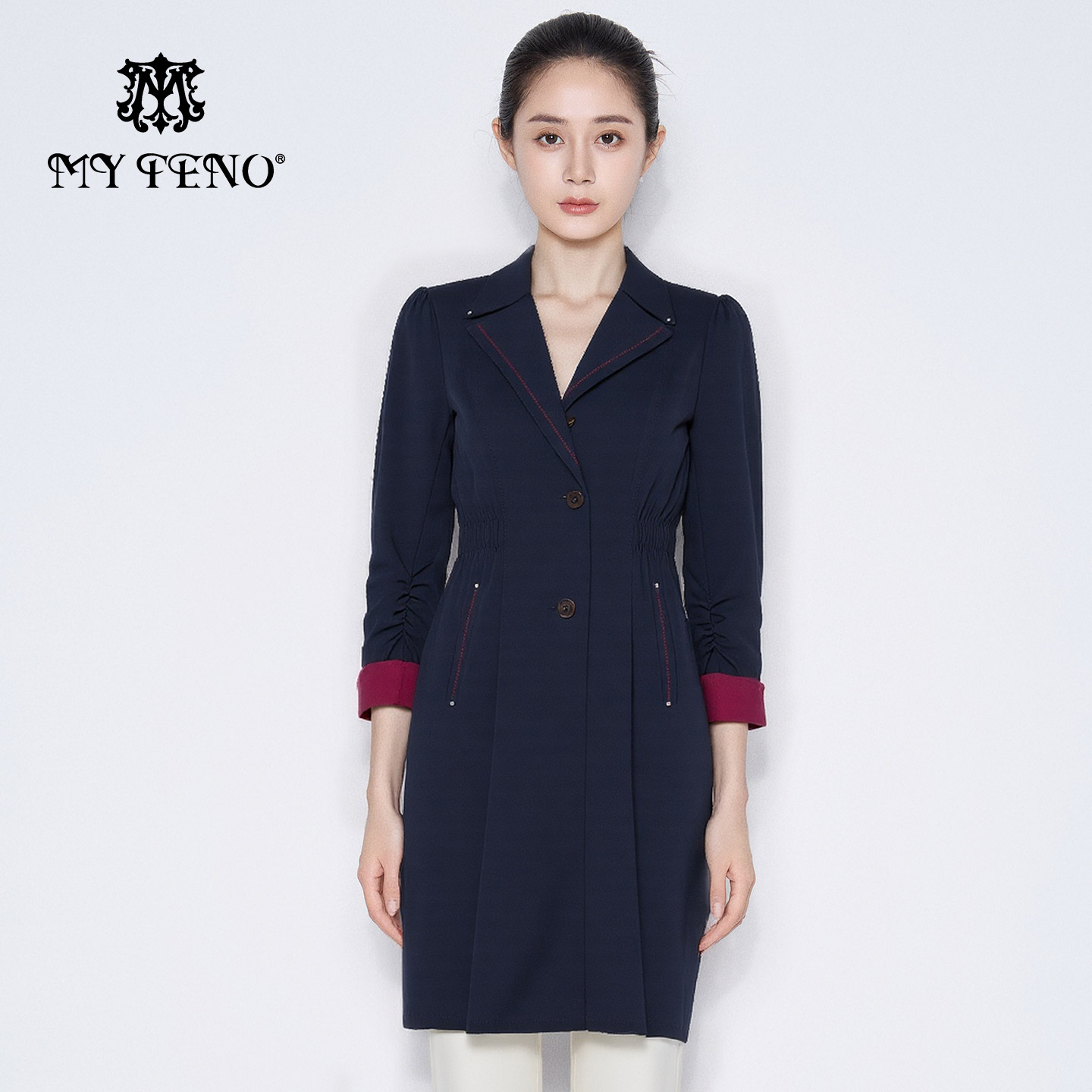 马天奴翻领收腰拼色袖口风衣