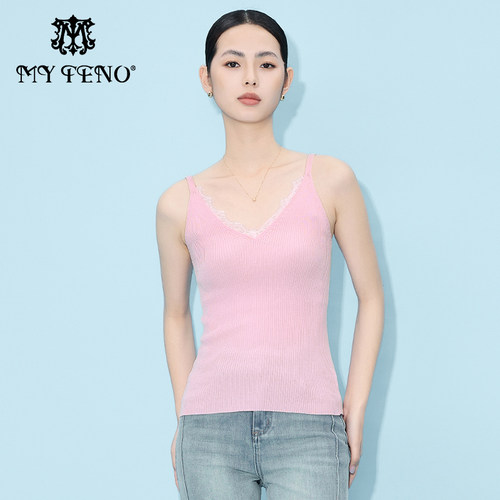 马天奴纯色花边针织打底吊带衫