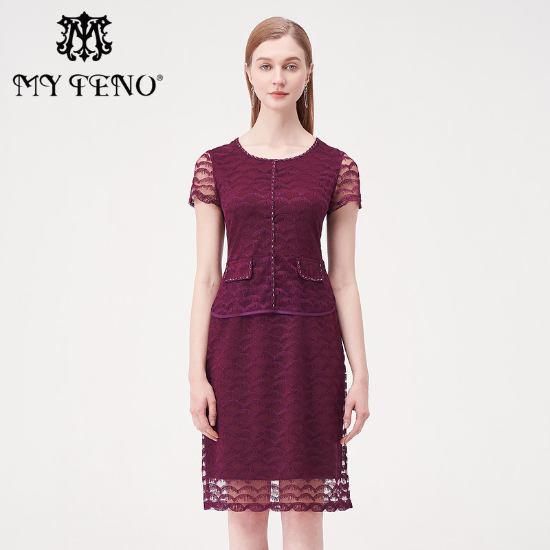 马天奴女装春秋新款复古绣花收腰修身连衣裙拼接假两件中长裙子