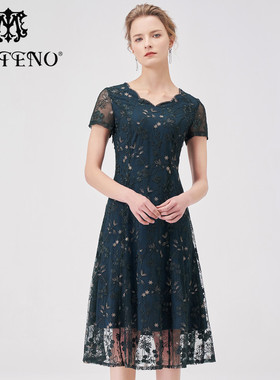 QT天奴夏新款绿色绣花网纱连衣裙钉珠收腰阔摆显瘦长裙礼裙子时尚