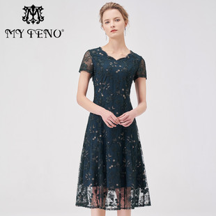 马天奴夏新款 绿色绣花网纱连衣裙钉珠收腰阔摆显瘦长裙礼裙子时尚