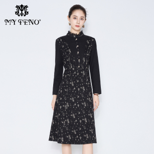 气质 黑底印花拼接连衣裙子收腰时尚 专柜正品 马天奴秋冬女装