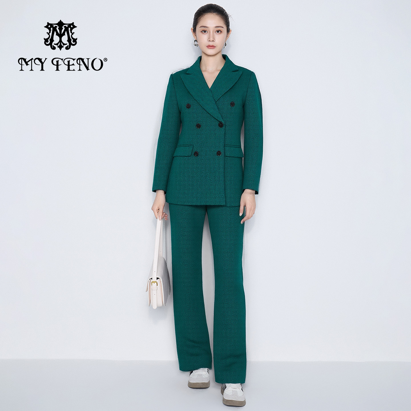 马天奴2025秋冬新款墨绿双排扣西装外套西服直筒西裤子两件套装女