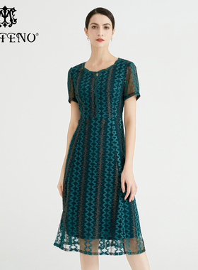 马天奴春秋新款女绿色刺绣网纱连衣裙子钉珠礼裙短袖长裙时尚流行