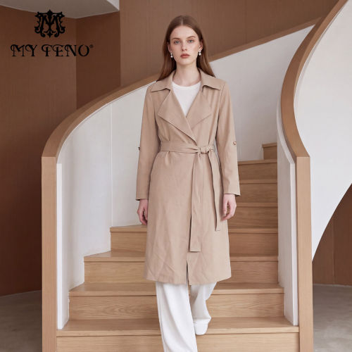 MY TENO/马天奴轻熟优雅风大翻领系带收腰风衣女中长款气质外套