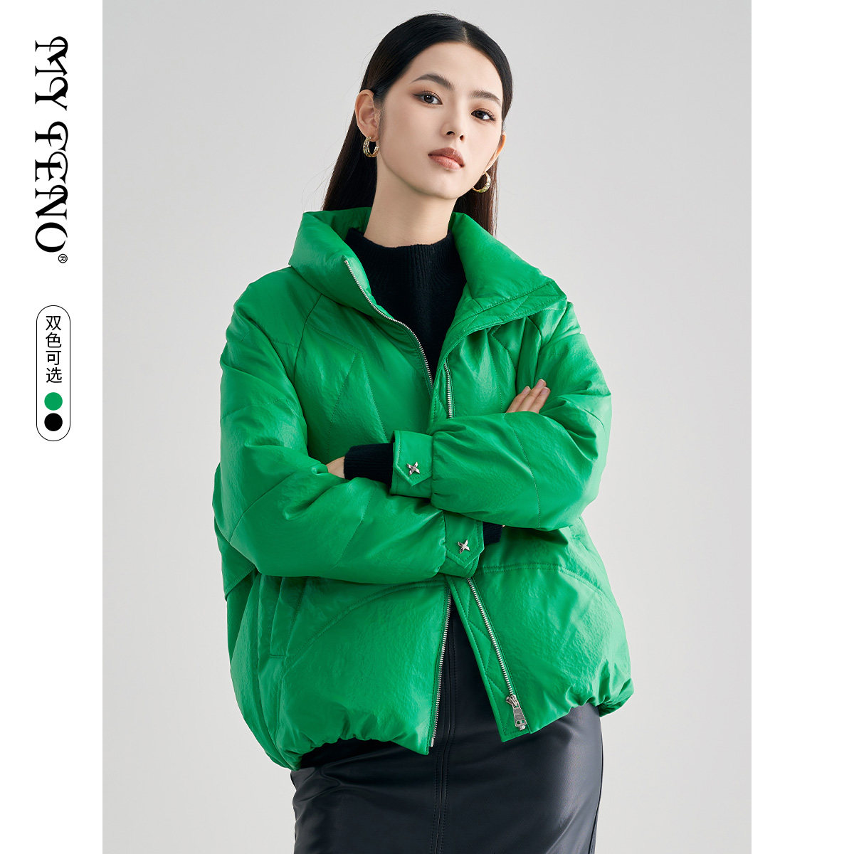 马天奴冬季新款女黑色立领休闲羽绒服短款面包服保暖宽松外套时尚