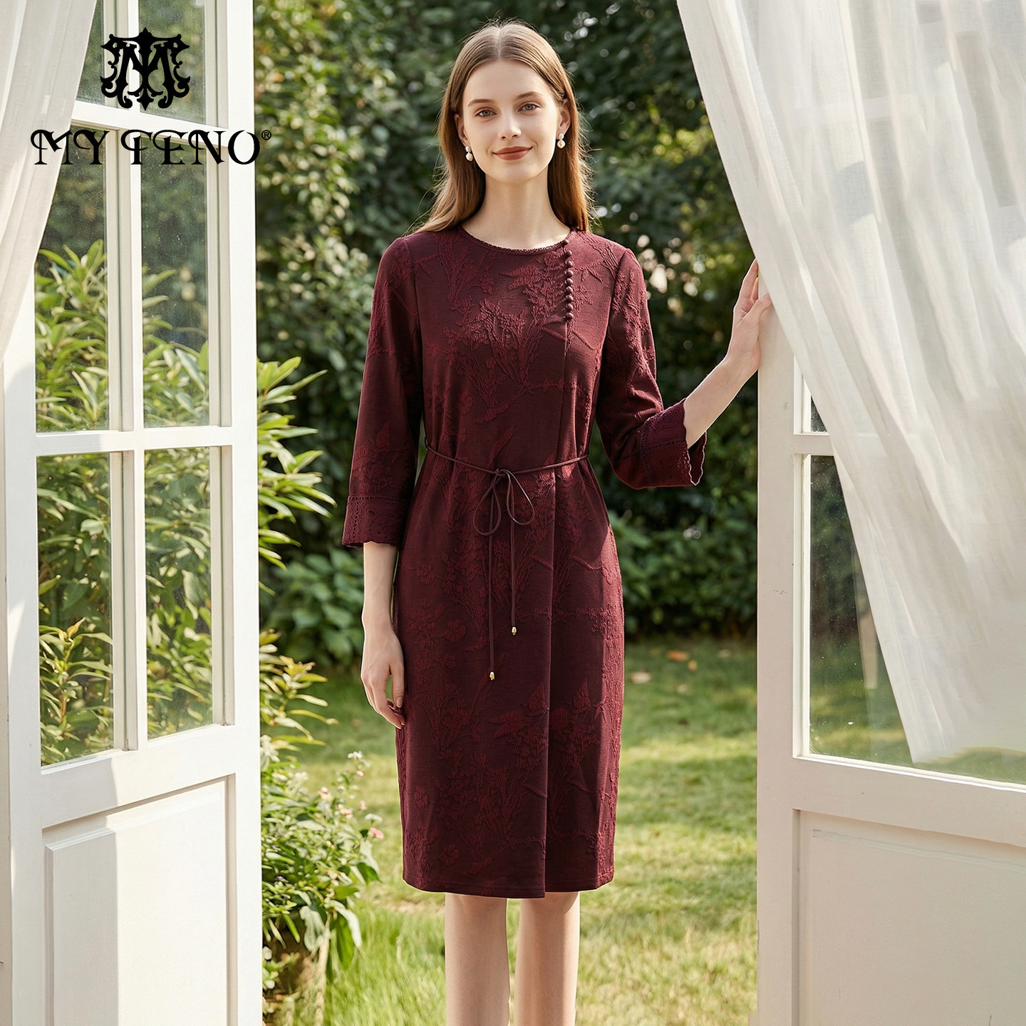 马天奴2026春新款国风圆领提花系带收腰连衣裙子气质复古洋气女装