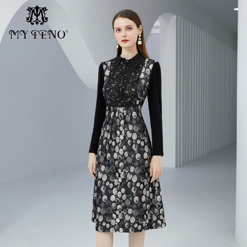马天奴秋冬新款女装黑色印花翻领收腰连衣裙子时尚气质时尚法式