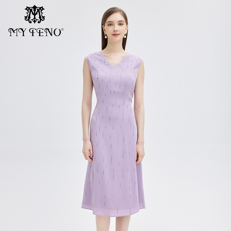 马天奴紫色蚕丝烫钻连衣裙